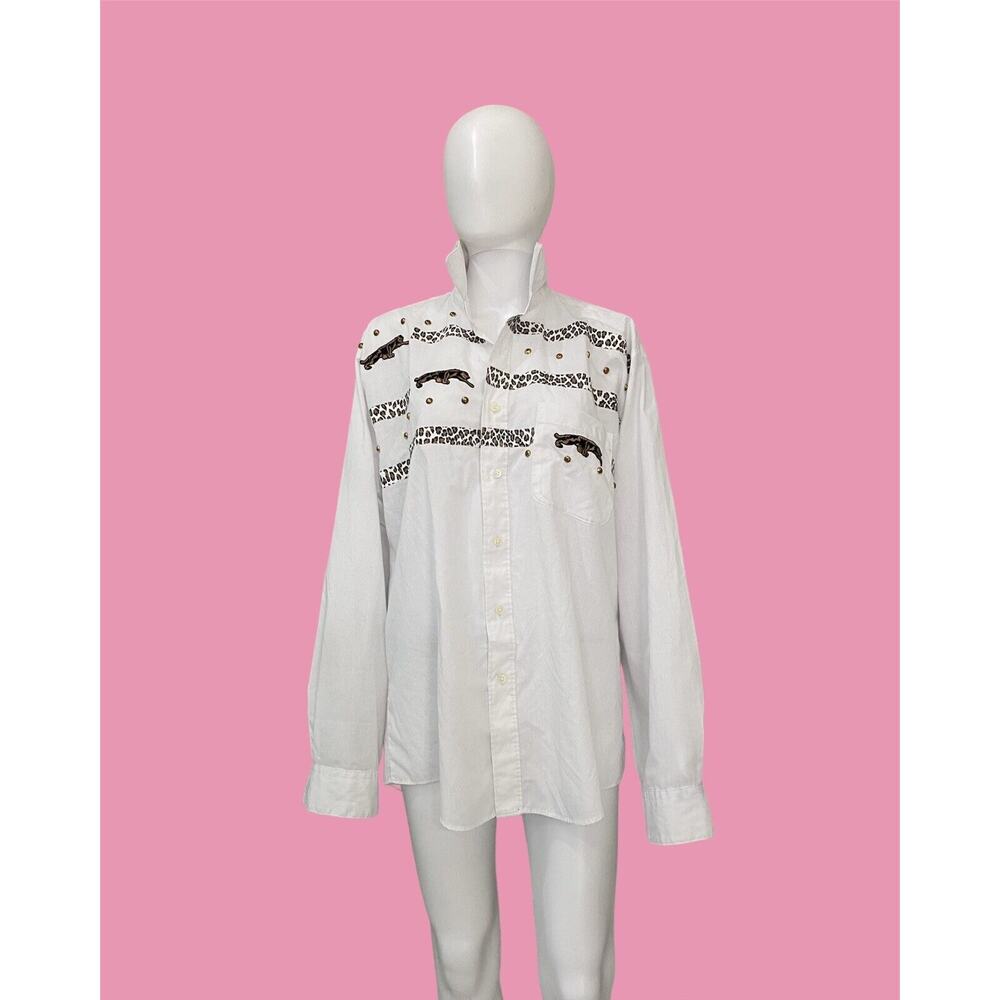 80s White Button Down Blouse Oxford Leopard Jaguar Shirt Coverup